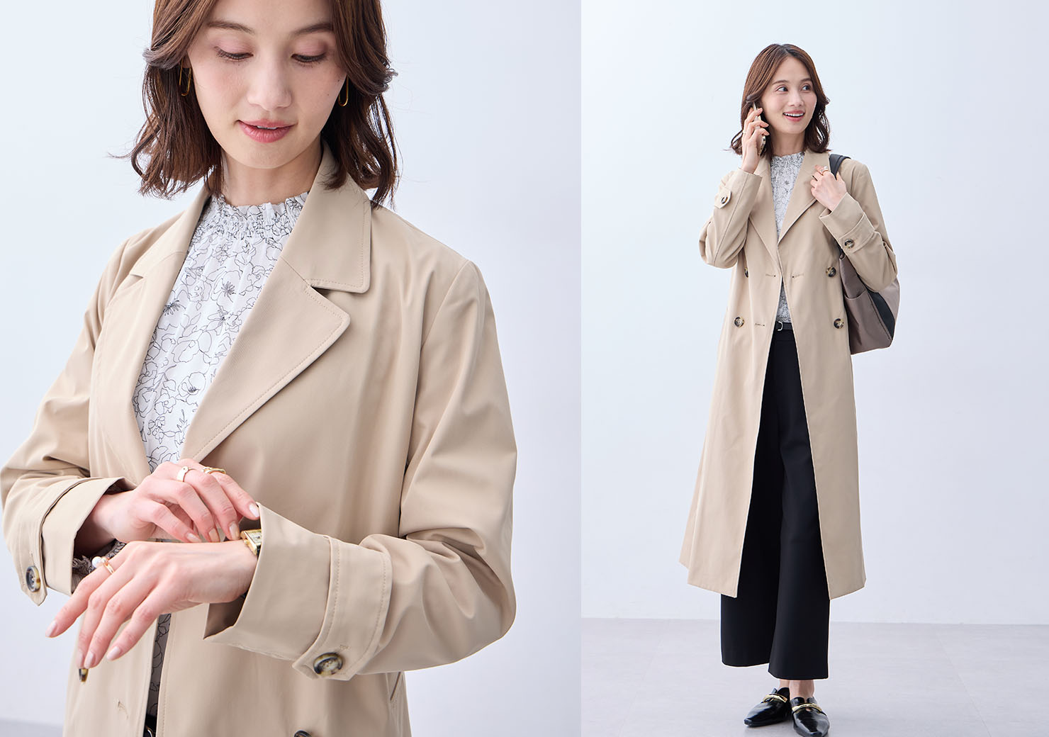 ベージュのトレンチコート・オフホワイトのジャガードTブラウス・ネイビーの【アルファブリック】ワイドパンツ【セットアップ対応】・モカの軽量A4トートバッグを着用した女性の画像