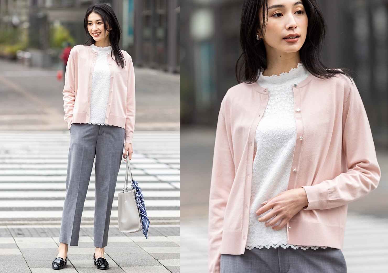 ピンクのクルーネックニットカーディガン・オフホワイトのフロントレースハイネックプルオーバー・グレーのストレッチ テーパードパンツ・グレージュのハンドバッグを着用した女性の画像