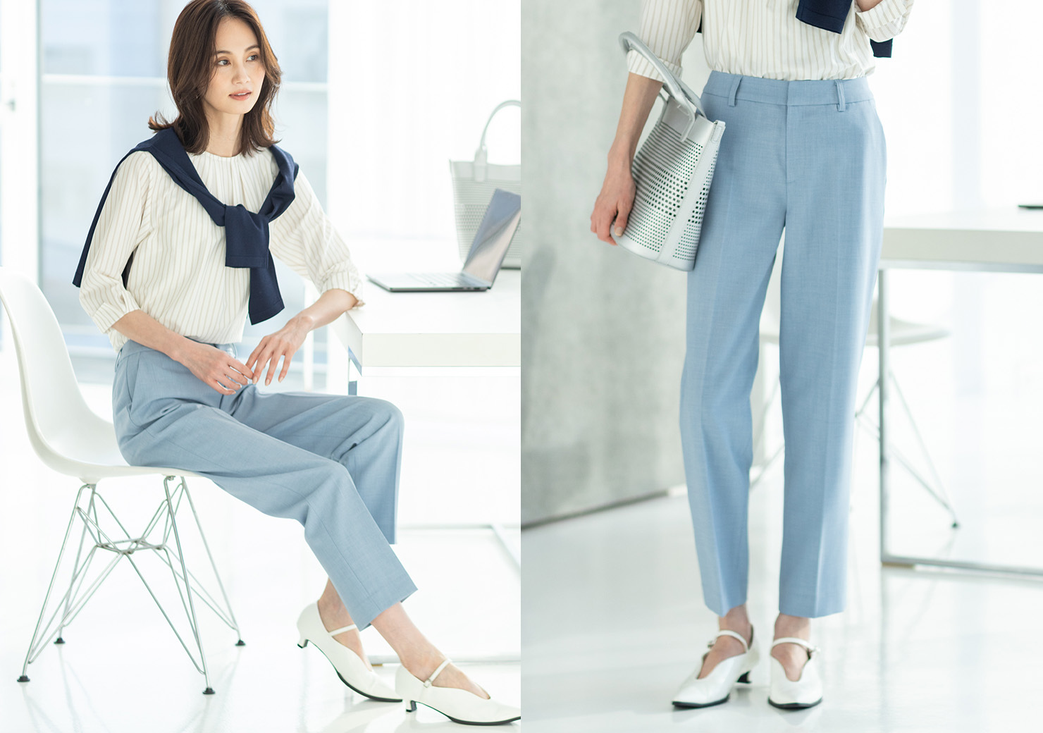 オフホワイトのストライプタックプルオーバー・ネイビーのクルーネックカーディガン・サックスブルーのストレッチテーパードパンツを着用した女性の画像