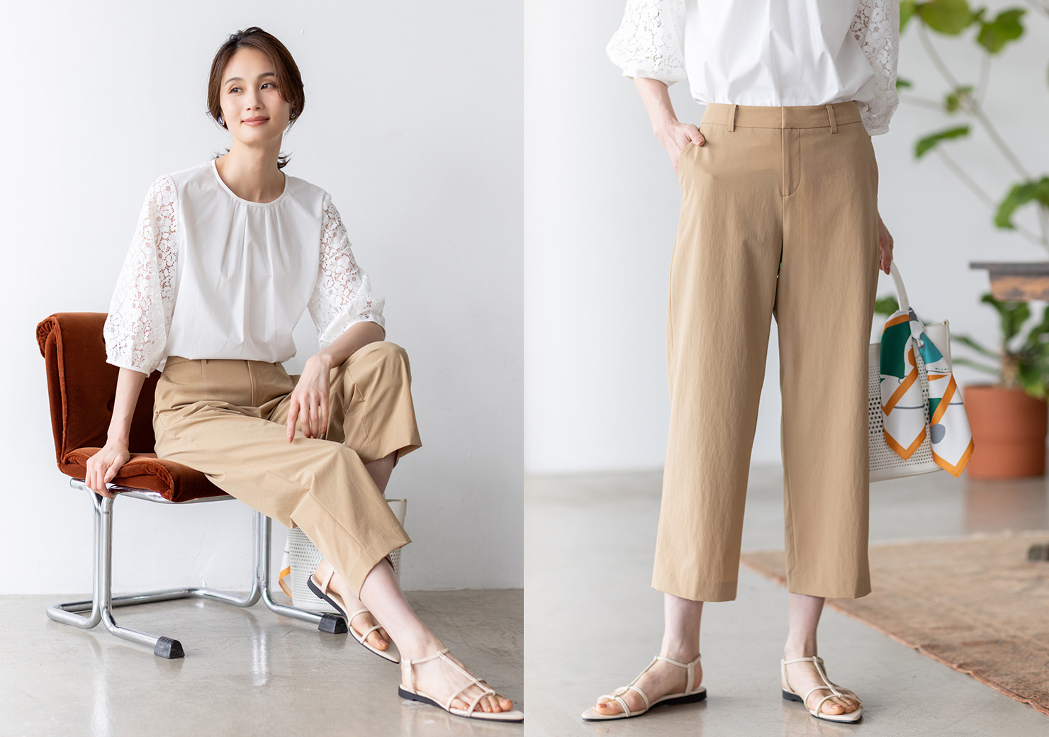 ベージュのストレッチワイドパンツ【接触冷感・後ろウエストゴム】・ホワイトのレーススリーブブラウスを着用した女性