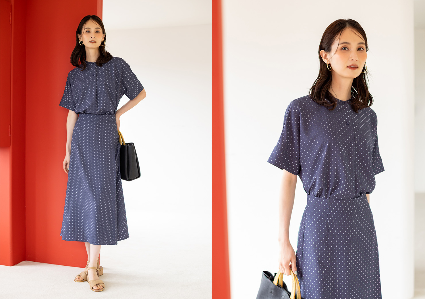 ネイビーの【ALCOLLAGEプリント】バンドカラープリントブラウス・ネイビーの【ALCOLLAGEプリント】ジョーゼットフレアスカートを着用した女性