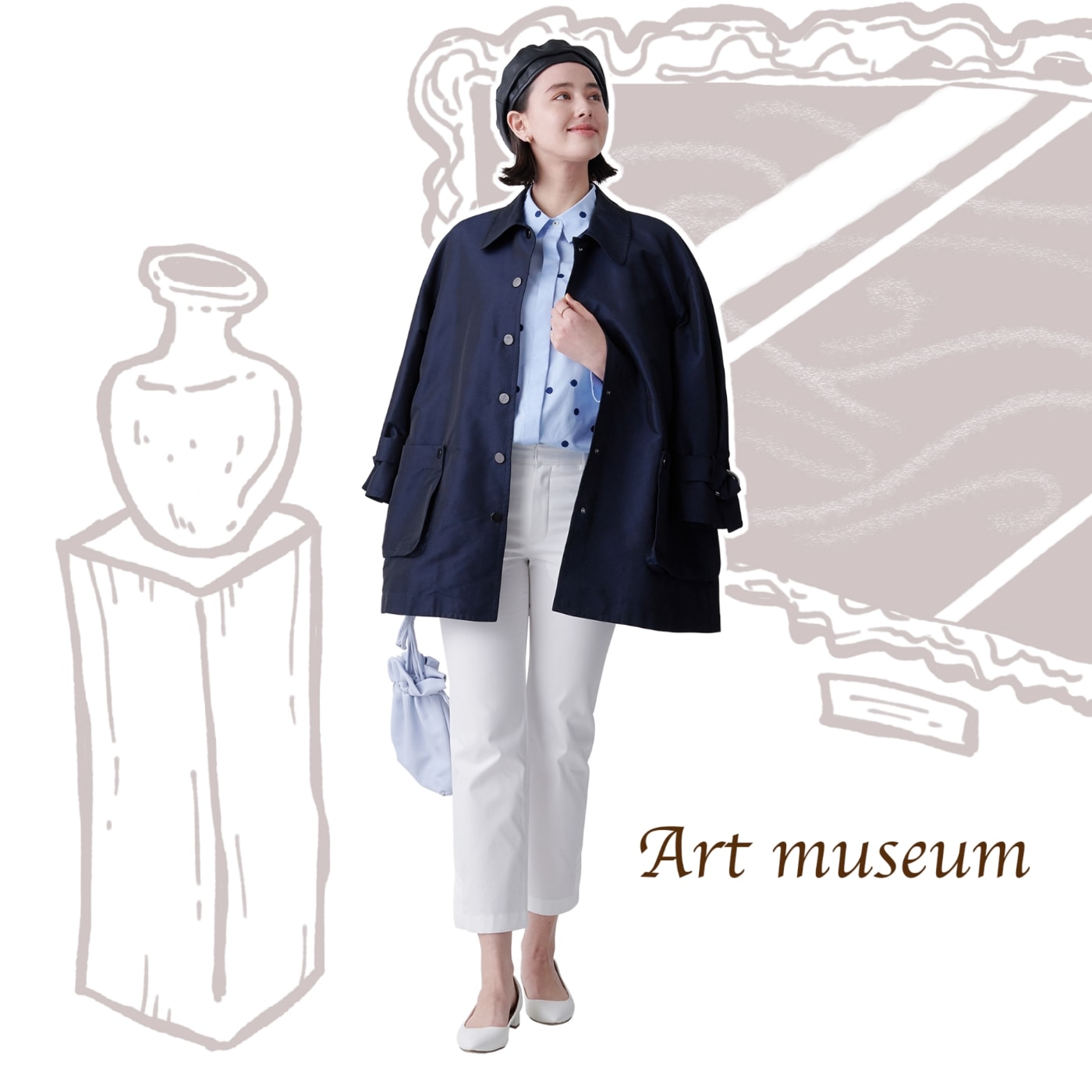 ポケットつきメタルボタンコートとドット刺繍長袖ブラウスとプライムフレックスを着用した女性の写真１
