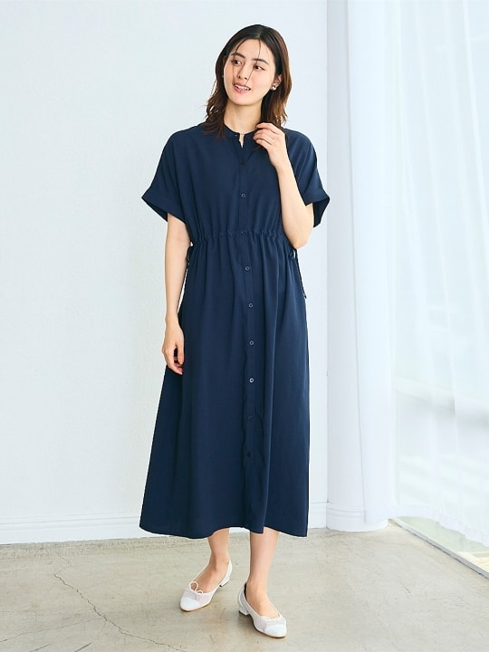 麻調合繊スキッパ― ドロストシャツワンピース