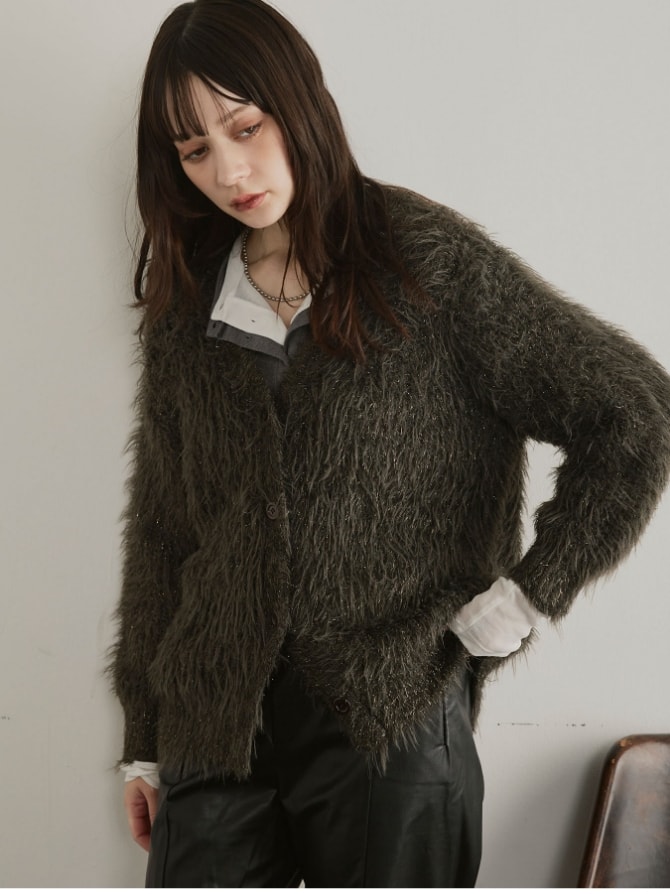 ラメフェザーVネックカーディガン