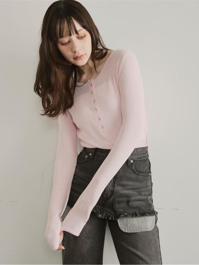 ヘンリーネックシアーリブトップス