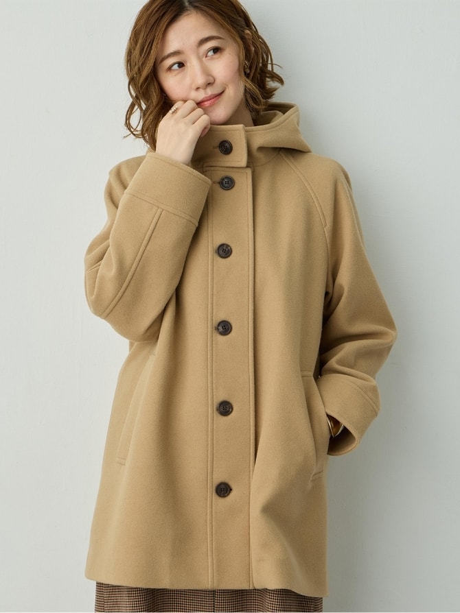 フェイクウールフードミディコート