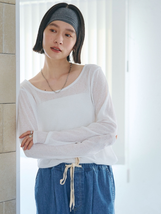 《抗菌防臭》エブ楽 シアーリブロングTシャツを着用した女性