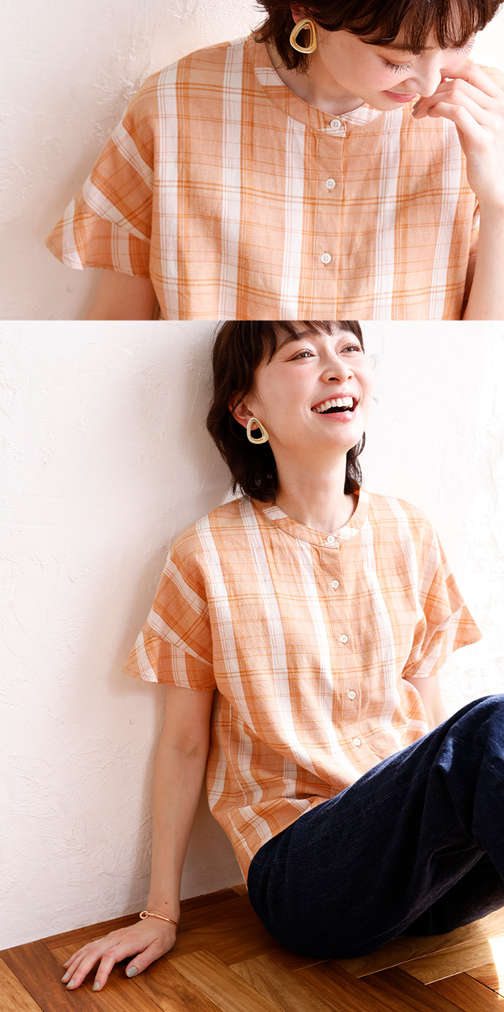 麻ミックスチェックシャツ・オレンジのサブ画像
