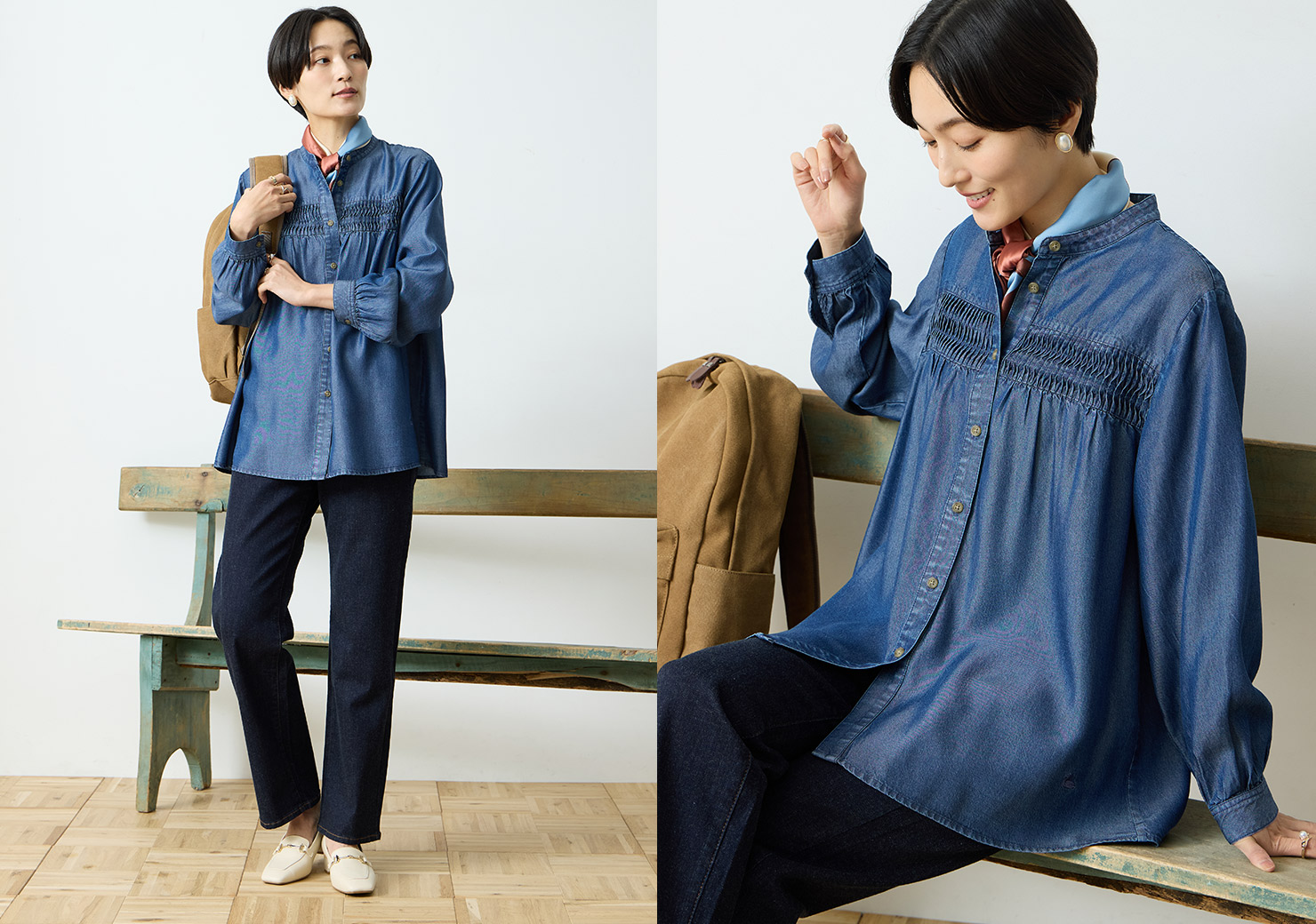 Comfort Denim デニムシャツ&ストレッチデニムストレートパンツを着用した女性