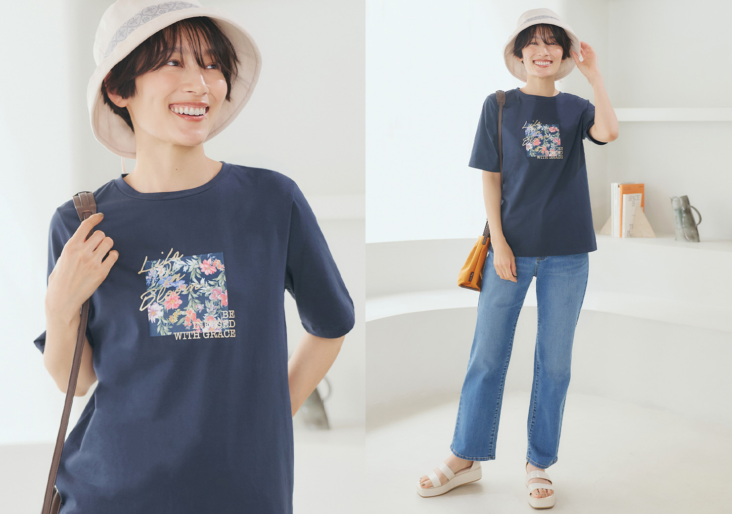 STYLE2 【ひやさらコットン】フラワープリントTシャツ【綿100％・接触冷感・UVカット】&ストレッチデニムストレートパンツ&【in Blooom×-ten】エッジアップハットを着用した女性