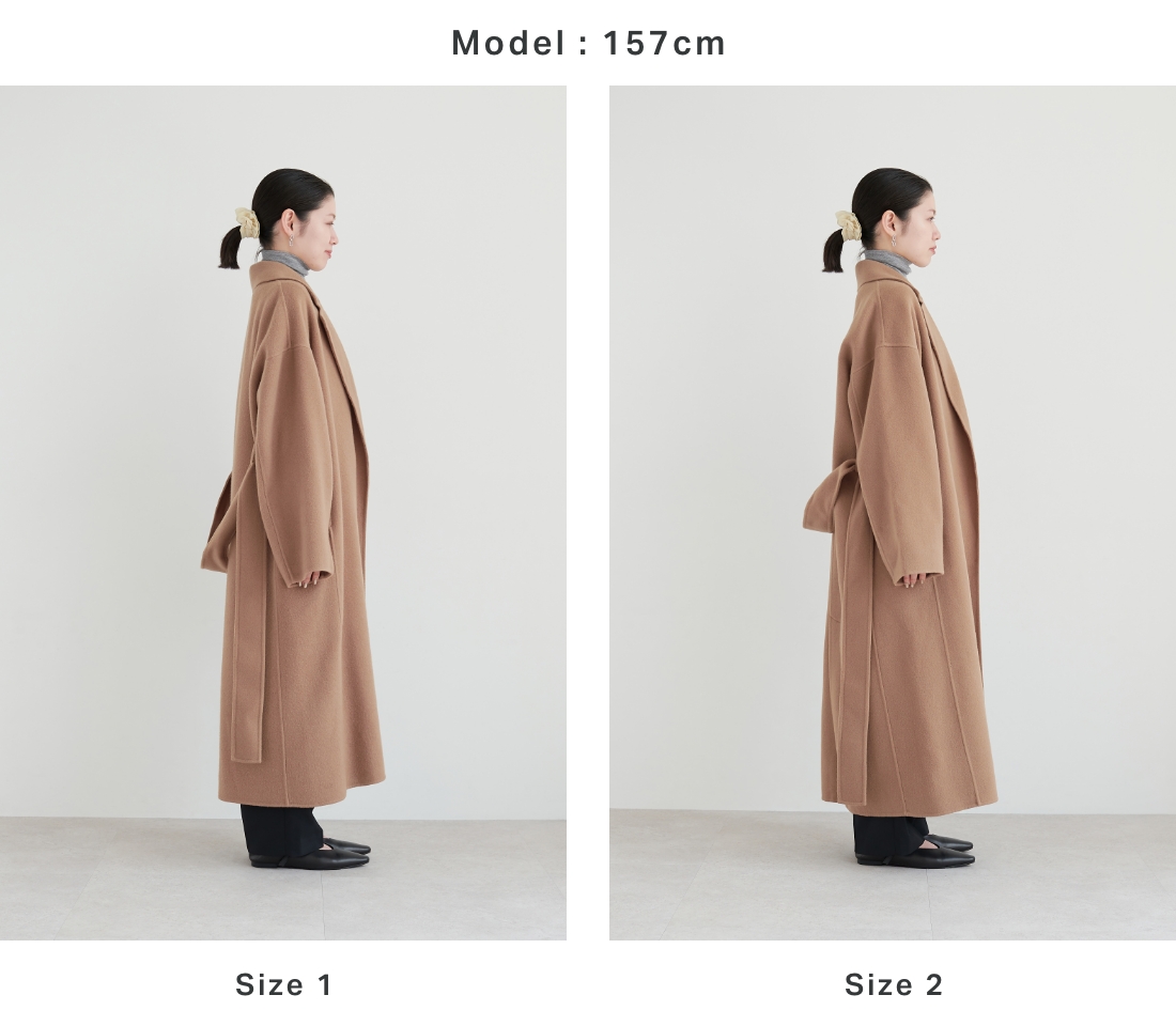 身長別：157cm のウールメルトンロングリバーコートを着用しているモデル画像