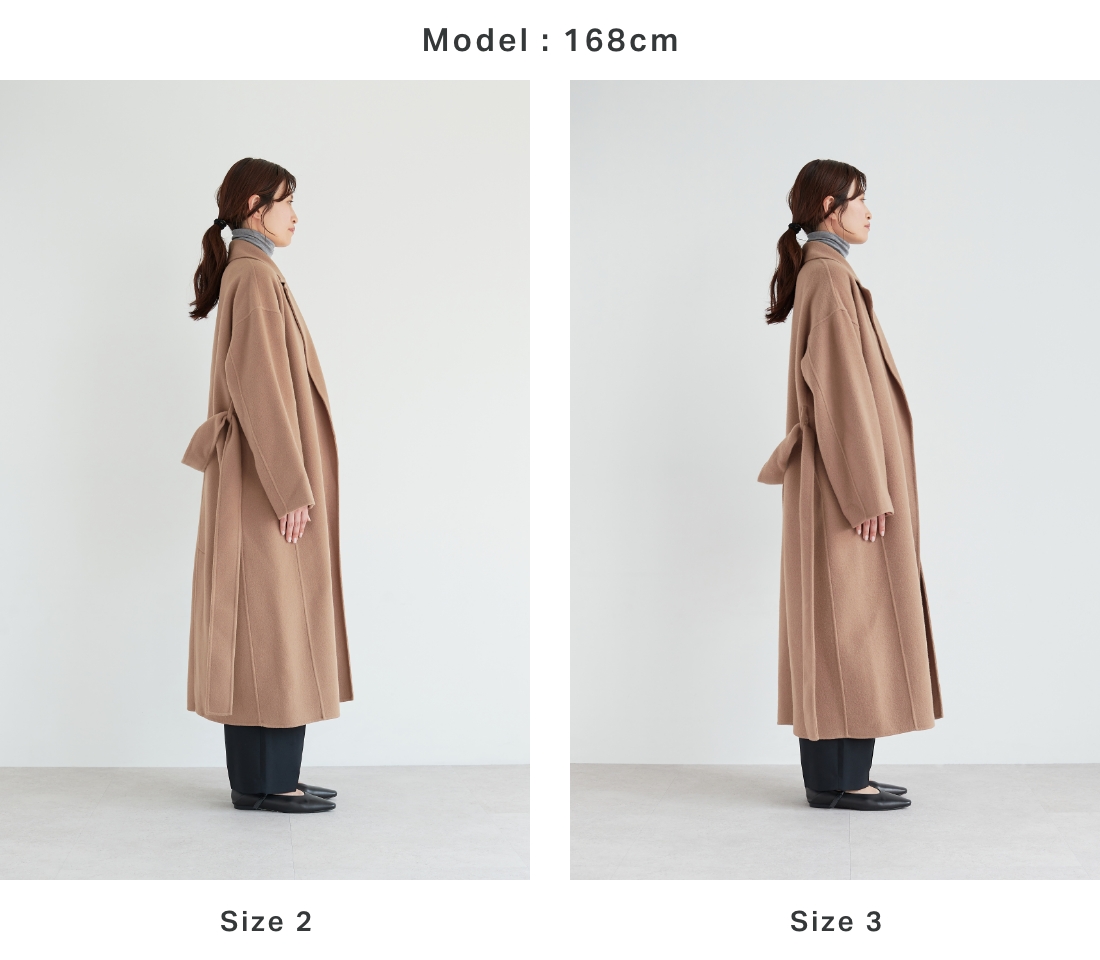 身長別：168cm のウールメルトンロングリバーコートを着用しているモデル画像