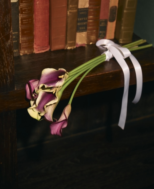 白いサテンリボンが結ばれた、紫のカラーの花束