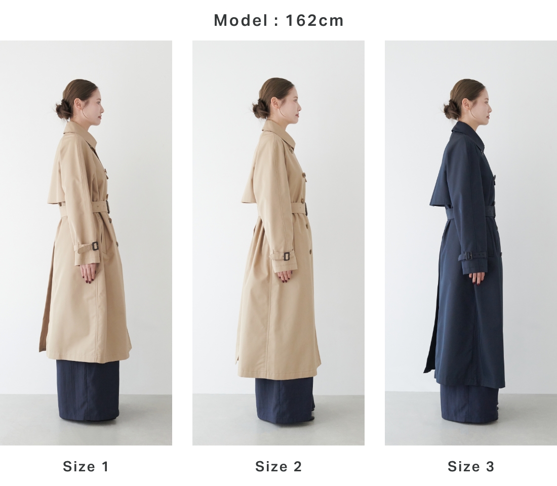 身長別：162cm のロングトレンチコートを着用している女性の画像