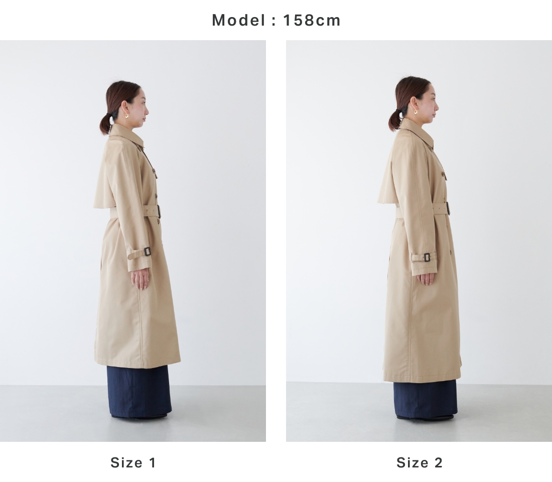 身長別：158cm のロングトレンチコートを着用している女性の画像