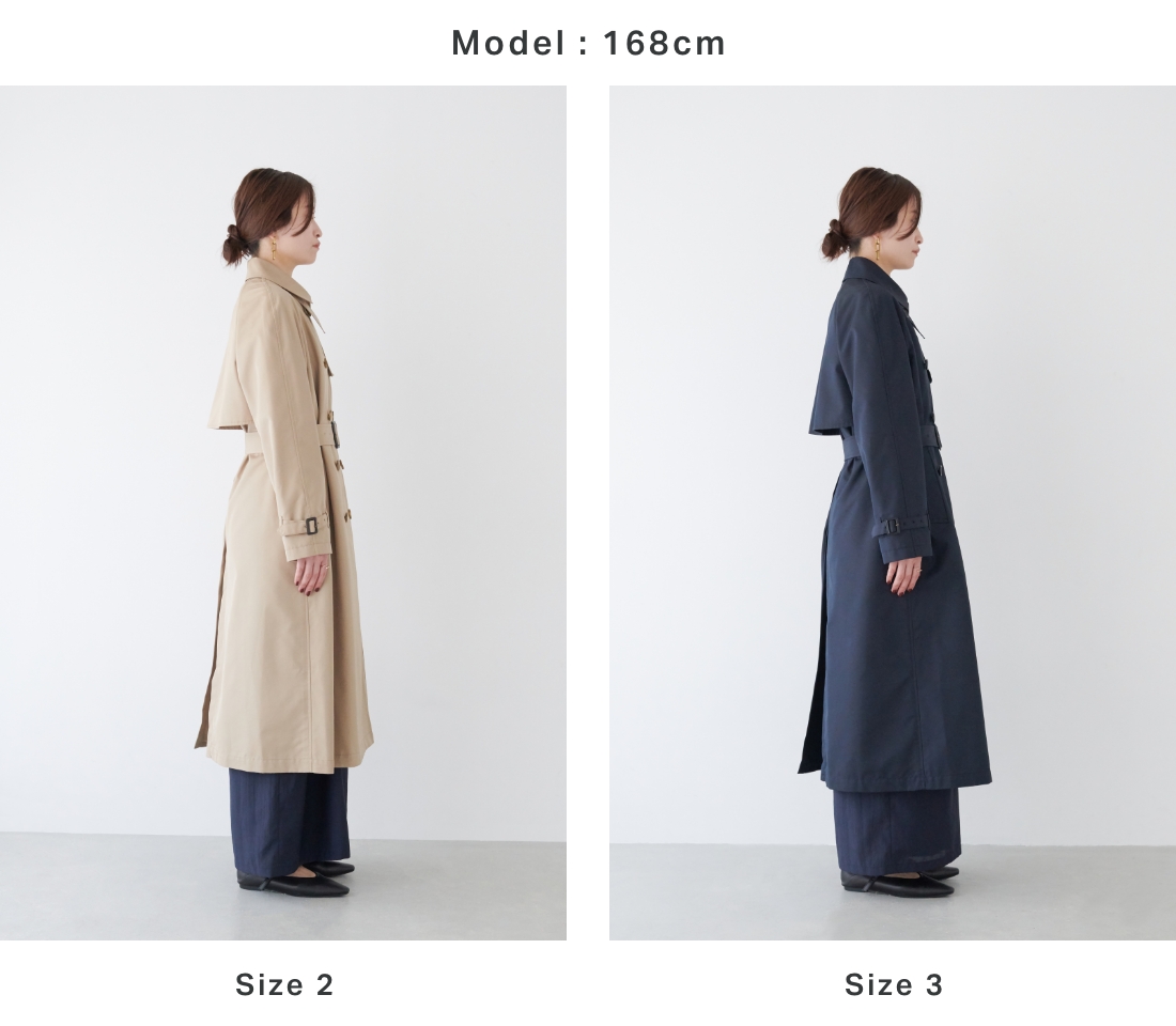 身長別：168cm のロングトレンチコートを着用している女性の画像