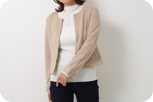 LOOK01 スエードジャケット（ベージュ）の着用画像