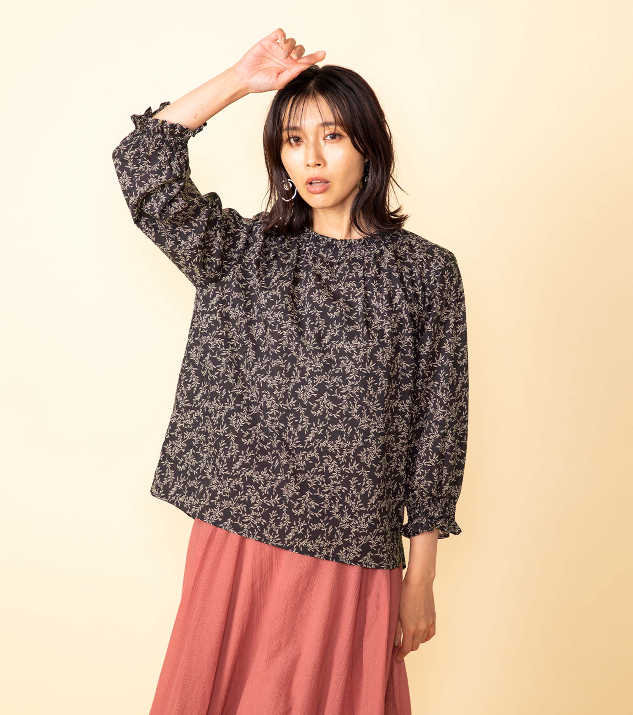 Cotton Tencel Floral Blouse Navy