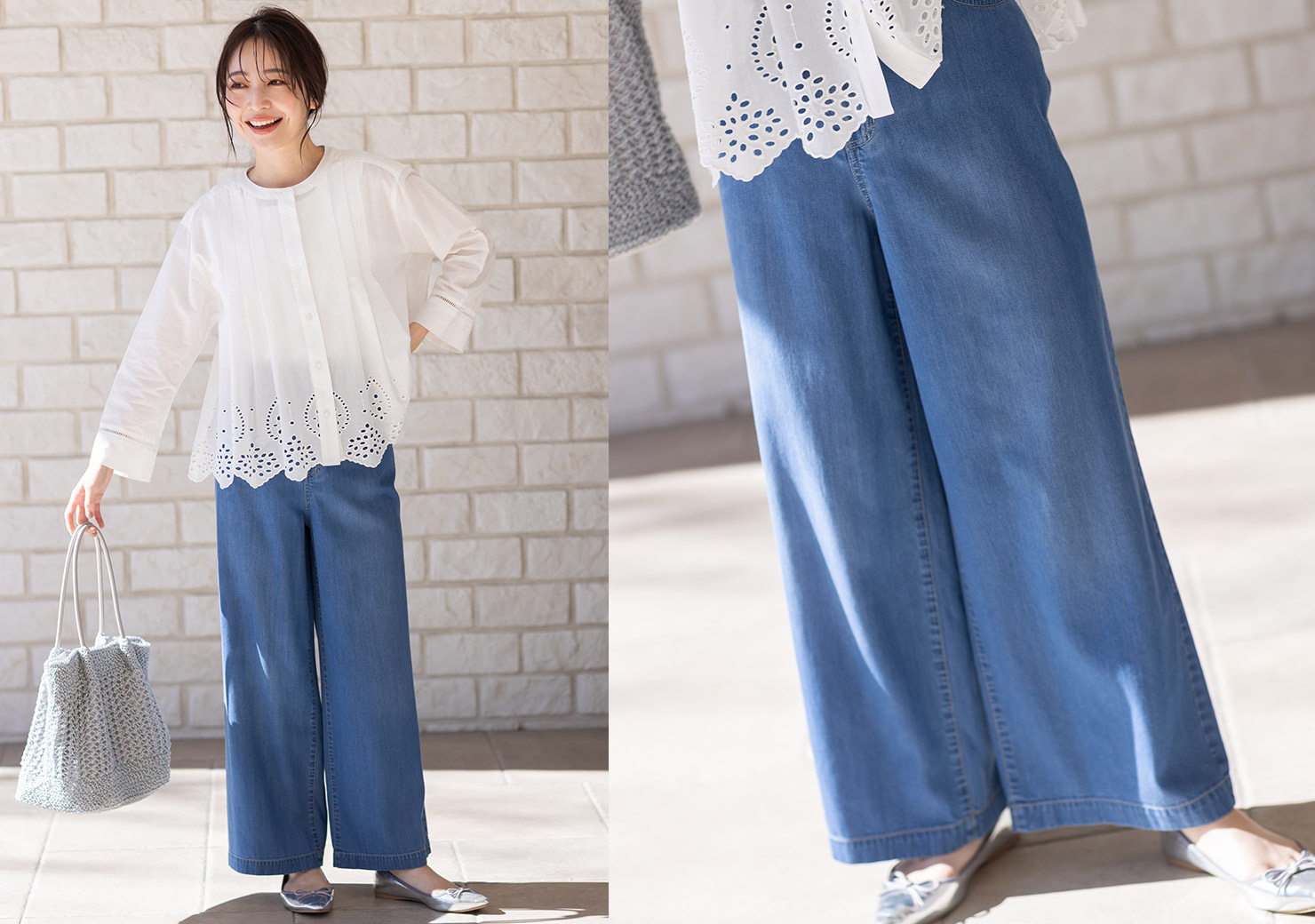 スカラップレースブラウス,デニムワイドパンツ,メッシュバッグを着用した女性の画像