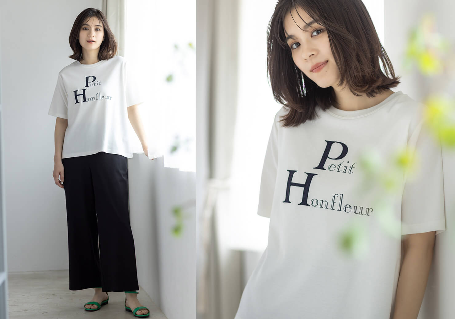 【冷感】【UVカット】レースアップリケTシャツ,カノコワイドパンツを着用した女性の画像