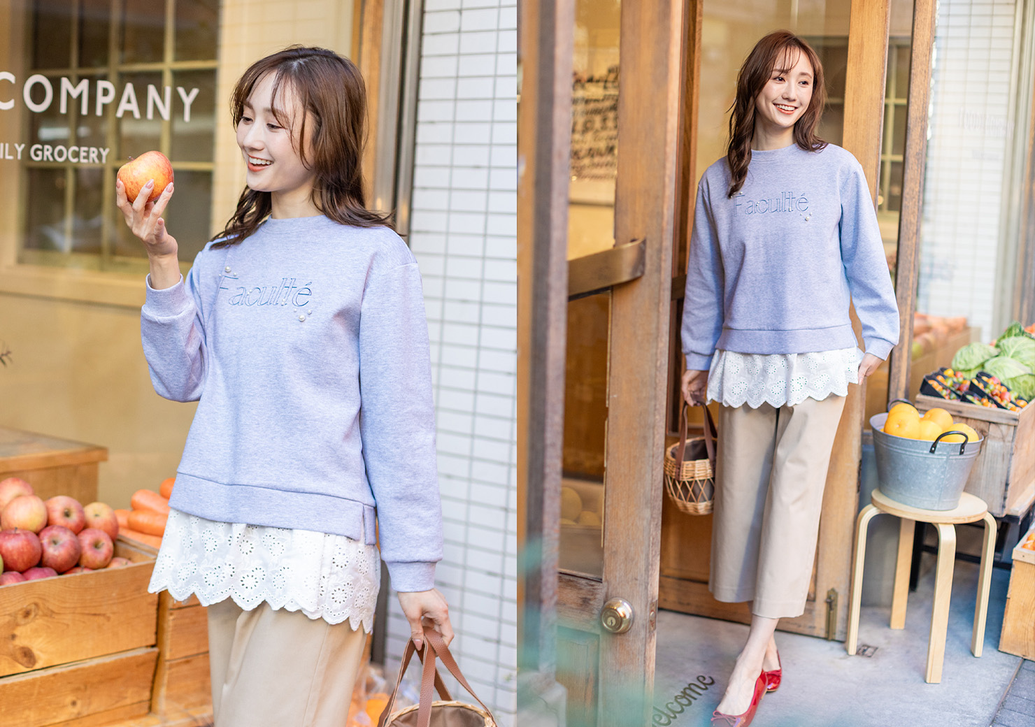 SCENE2 パール付きロゴプリントスウェットプルオーバー&裾レースタンクトップ&ストレッチクロプトパンツを着用した女性