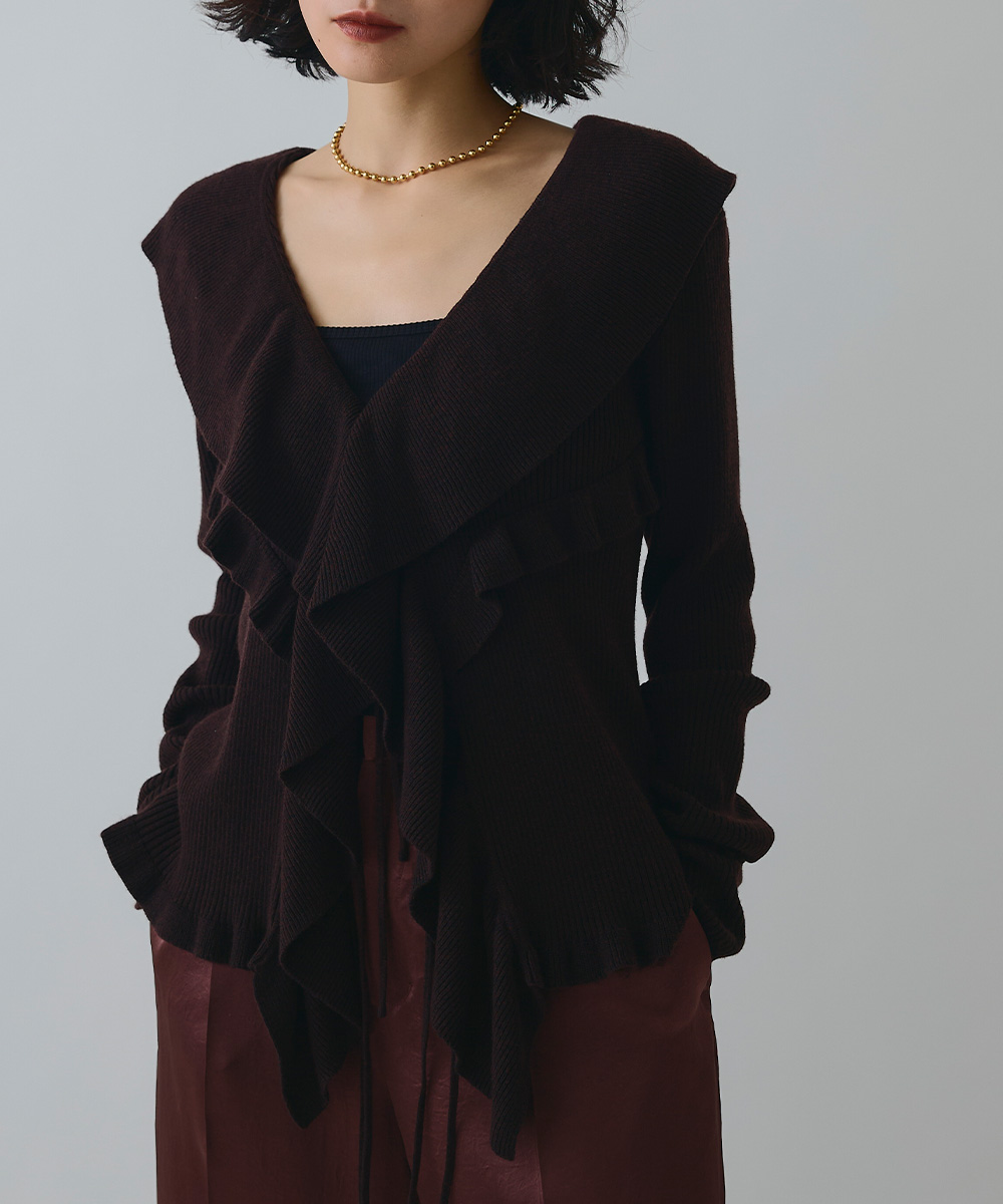 ラッフルカラーリブニットカーディガン