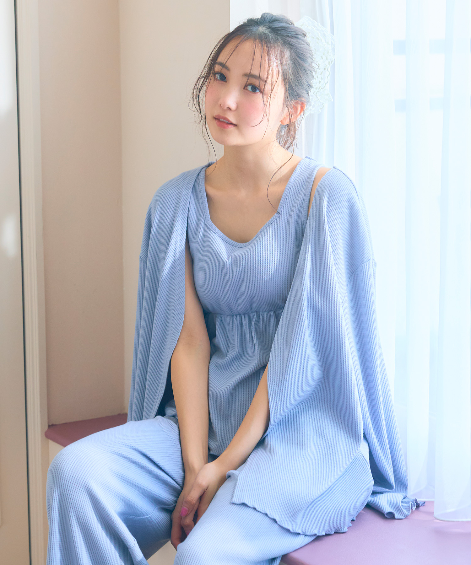 【LAFUKU】カップ付きワッフルルームウェア3点SET<br>¥3,989 （税込）