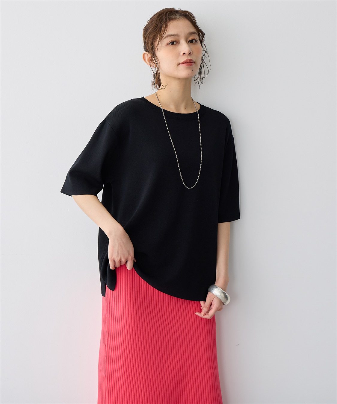 【anyfee/プラスサイズ】ドライタッチ半袖ニット《接触冷感/洗濯可能》 ¥4,400 （税込）