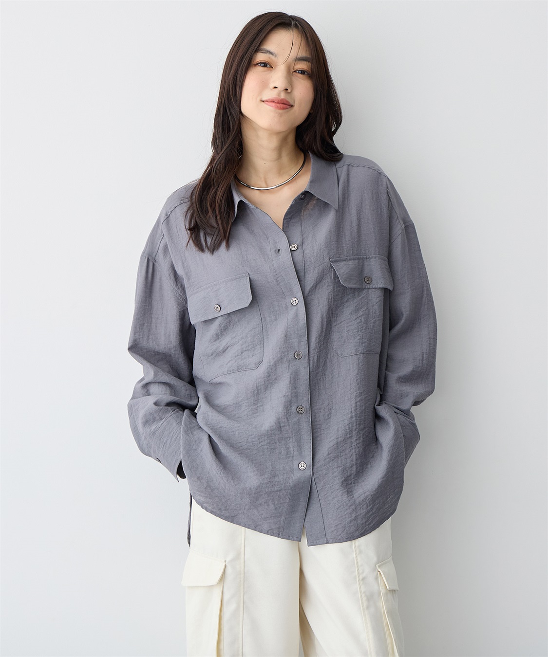 【anyfee/プラスサイズ】リネン調ダブルポケットシャツ《接触冷感》■リネンライクシリーズ■ ¥4,400 （税込）