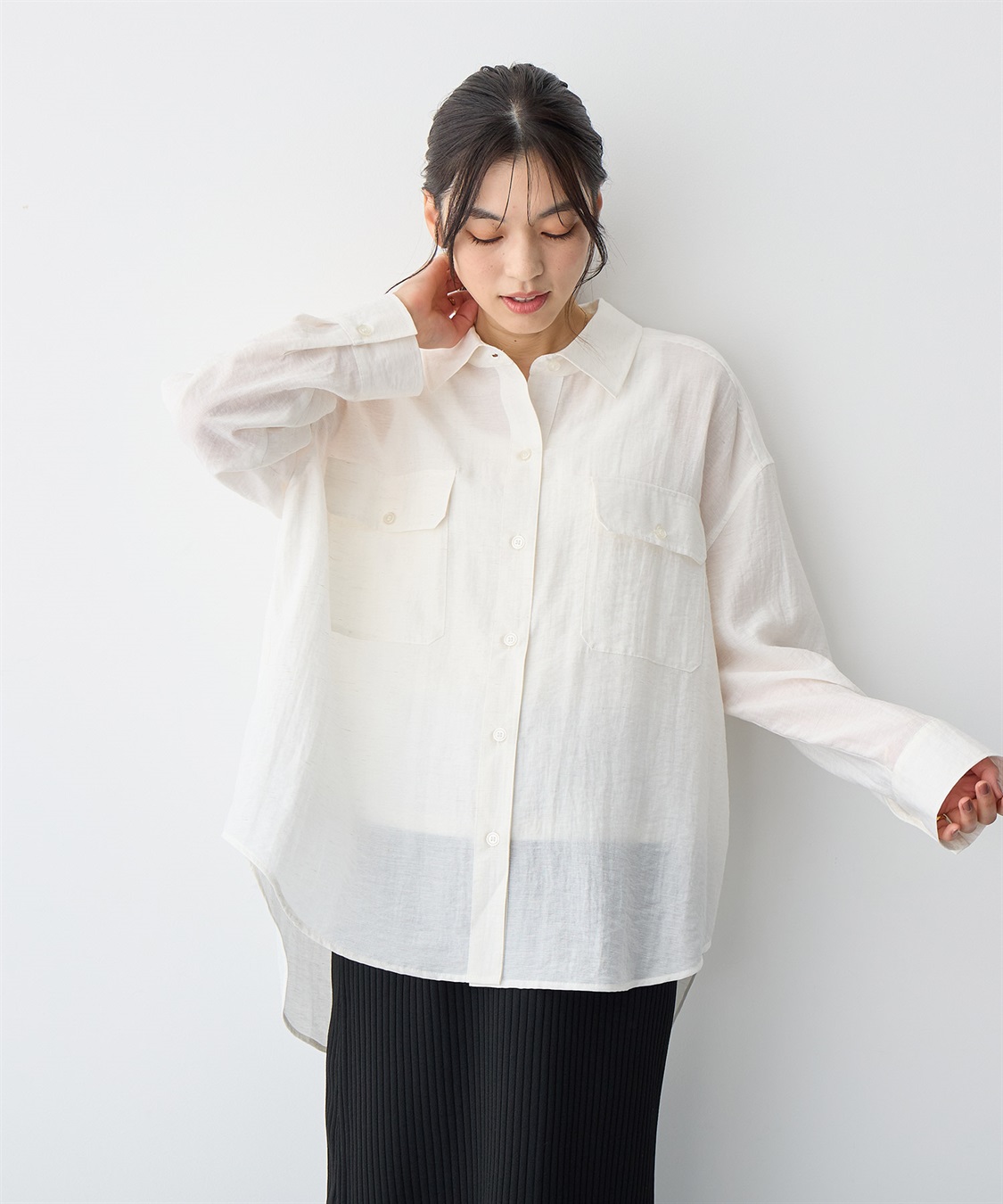 【anyfee/プラスサイズ】リネン調ダブルポケットシャツ《接触冷感》■リネンライクシリーズ■ ¥4,400 （税込）