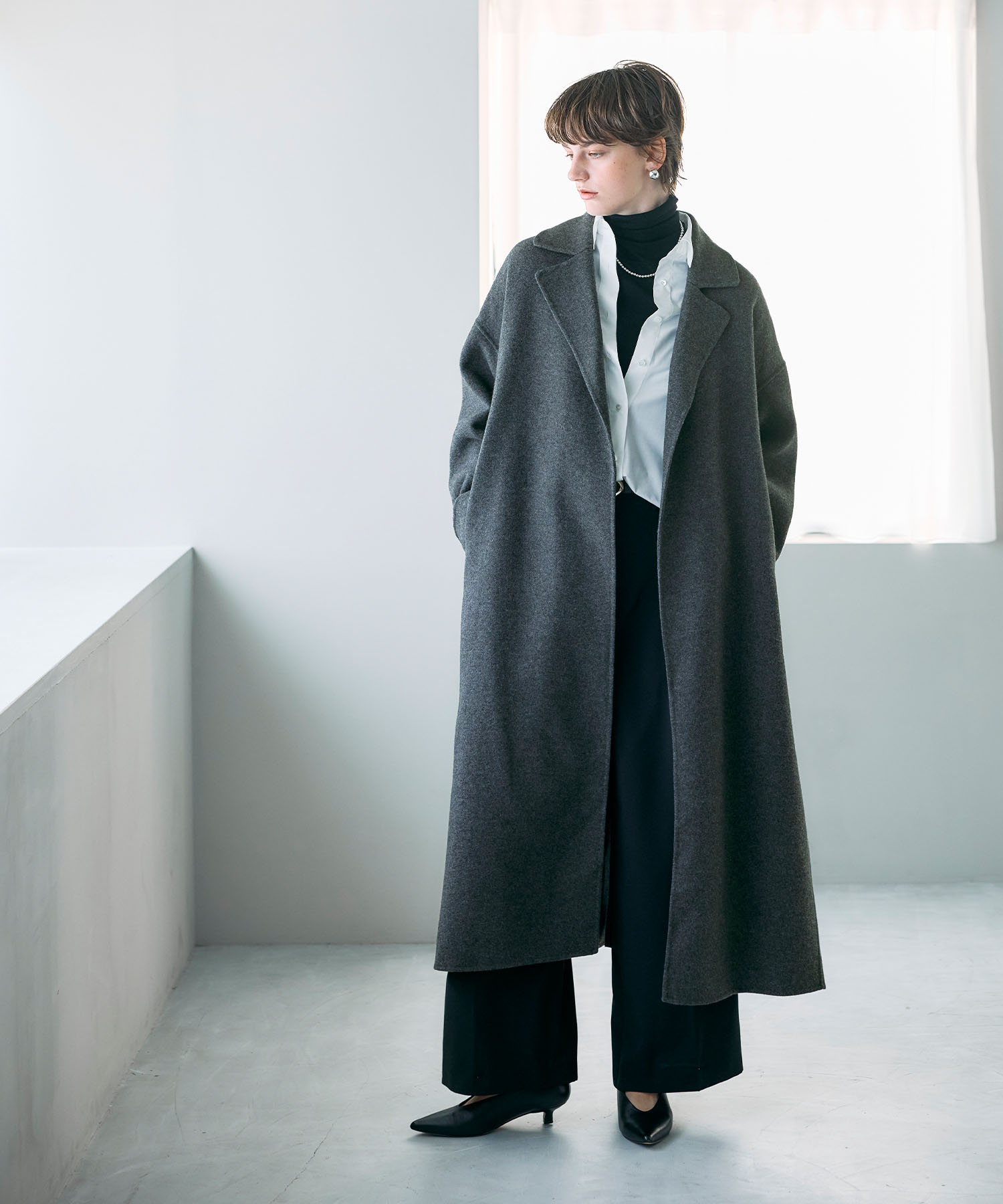 ウールメルトンロングリバーコート<br/>¥35,200 tax in